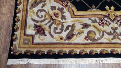 Aubusson Savonnerie Wool Rug 6x9 Hand Knotted Black Beige Nepalese Design