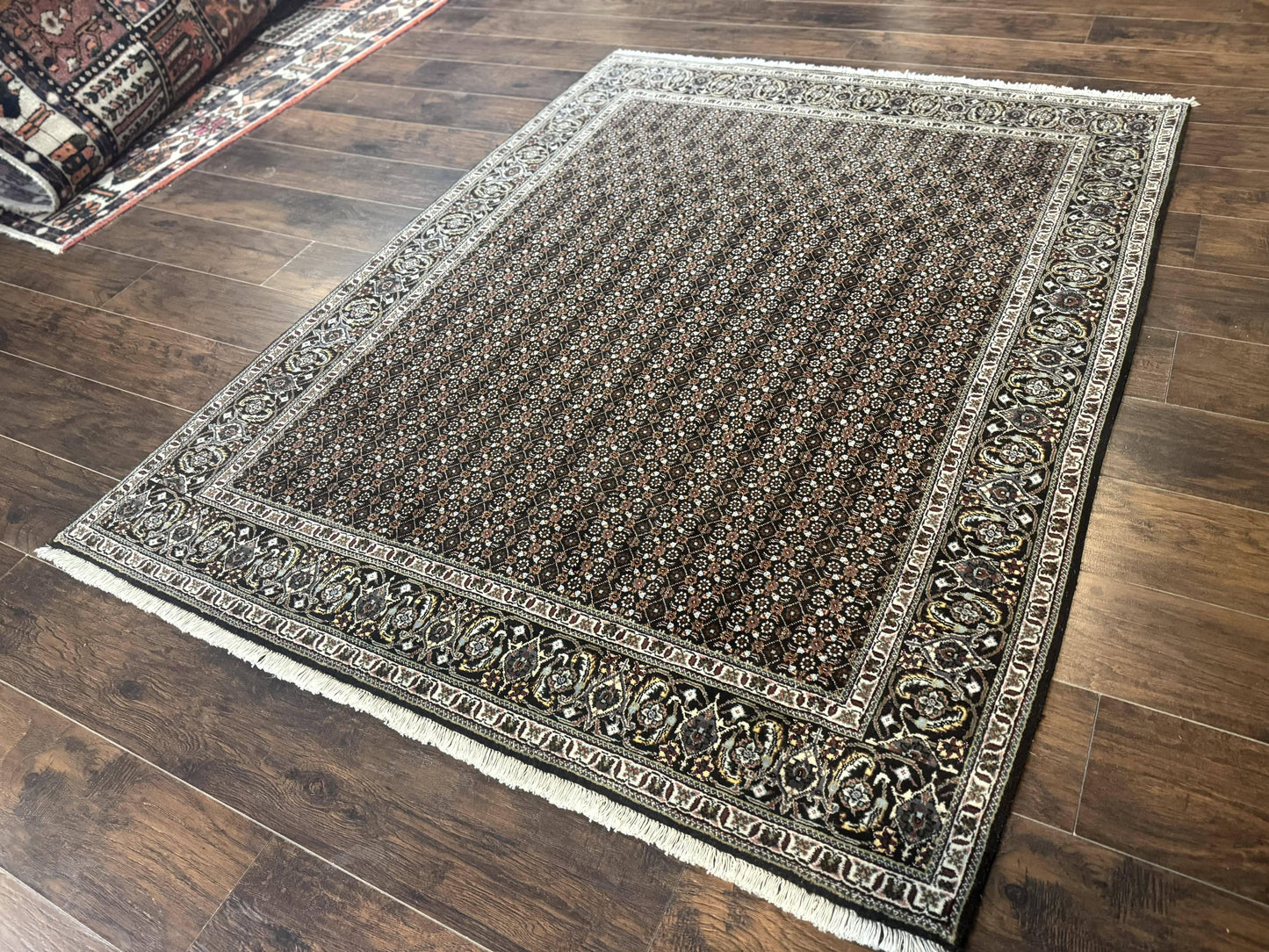 Persian Tabriz Rug 5x7 Black Allover Pattern Handknotted Wool