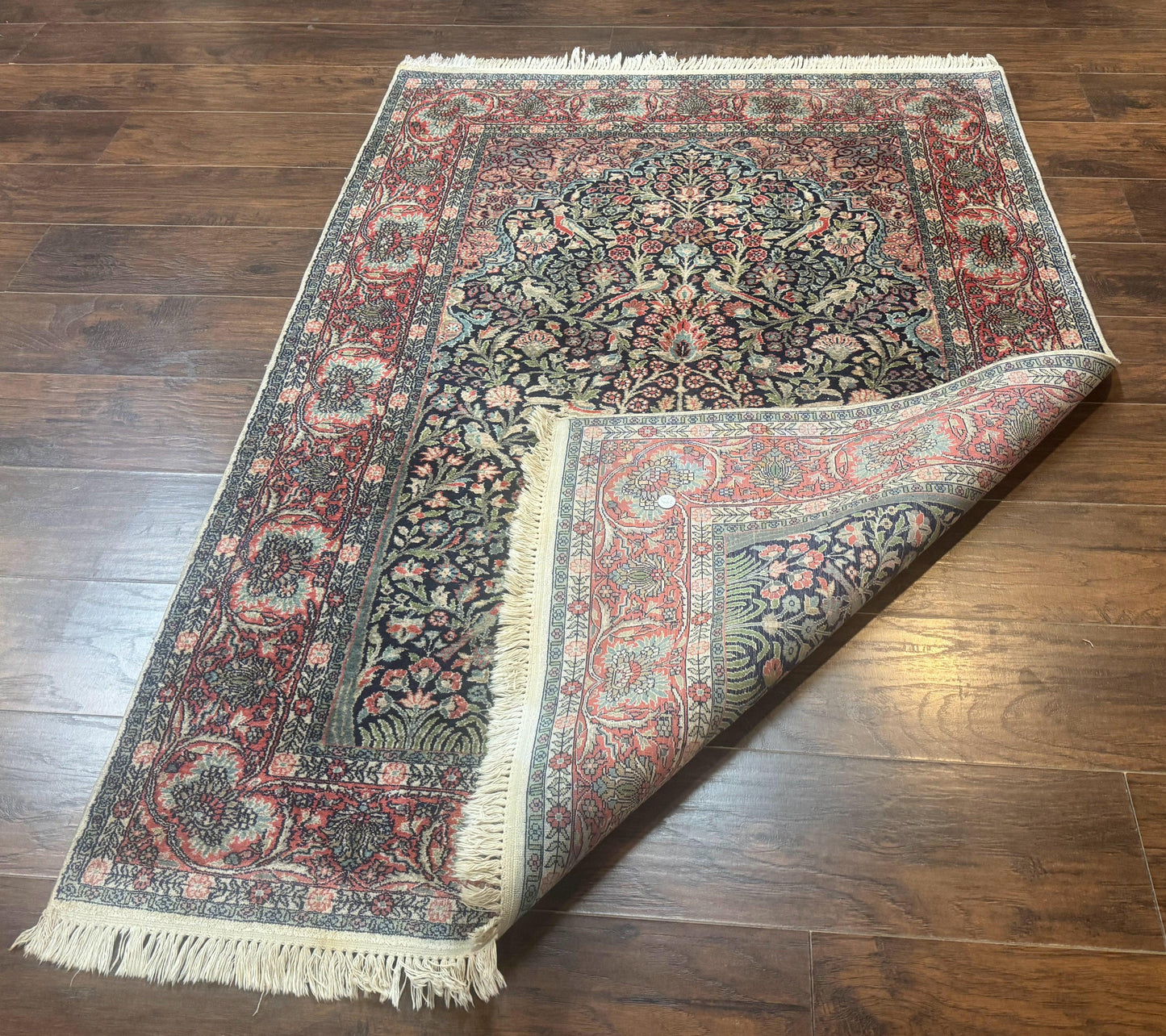 Kashmiri Silk Rug 4x6 Tree Of Life Birds Handmade Navy Red Oriental Carpet