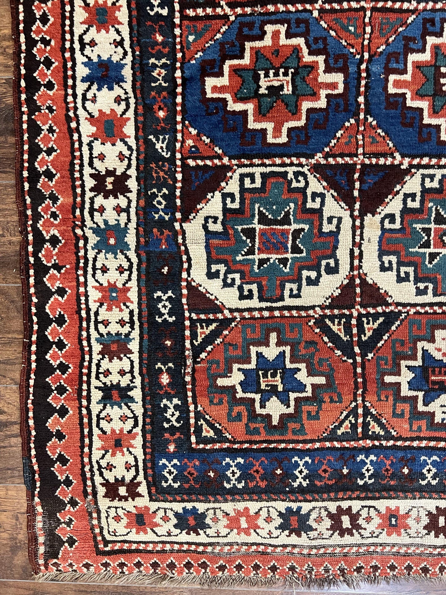 Antique Caucasian Kazak Runner Rug 4 x 9.5, Handmade Wool Rug for Hallway, Rare Colorful Panel Design Mid 19th Century 1870s Oriental Carpet