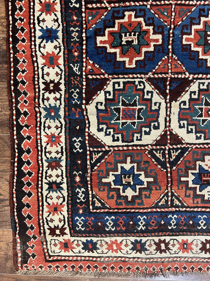 Antique Caucasian Kazak Runner Rug 4 x 9.5, Handmade Wool Rug for Hallway, Rare Colorful Panel Design Mid 19th Century 1870s Oriental Carpet