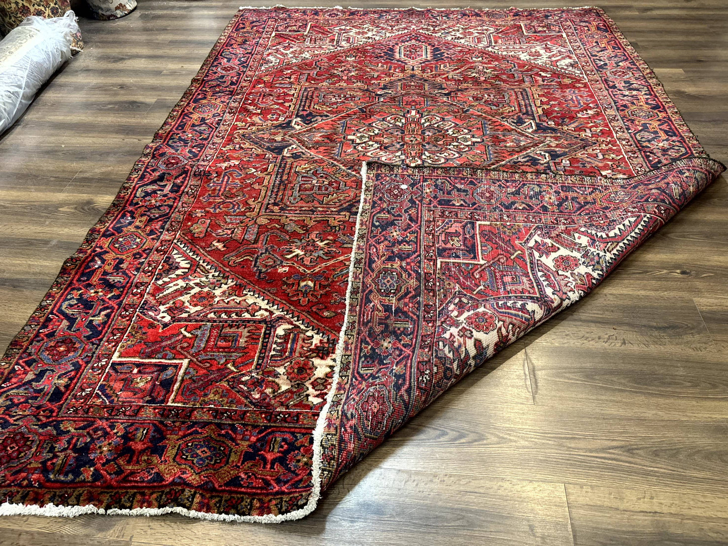 Persian Heriz Rug 7x10, Geometric Pattern, Red Ivory Navy Blue