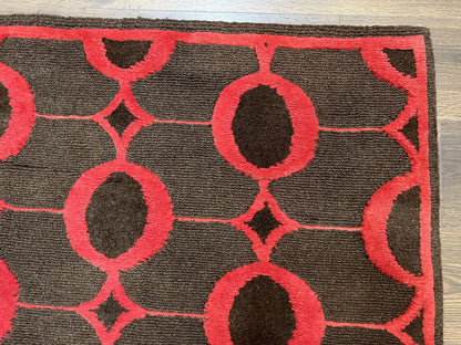 Modern Tibetan Rug 3.8 x 5.7, Raspberry Red and Dark Brown, Abstract Circle Design, Hand Knotted, Soft Wool Handmade Tibet Nepali Carpet 4x6