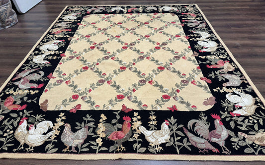 Vintage Hooked Rug 7x9, Rosters in Border, Roses and Butterflies