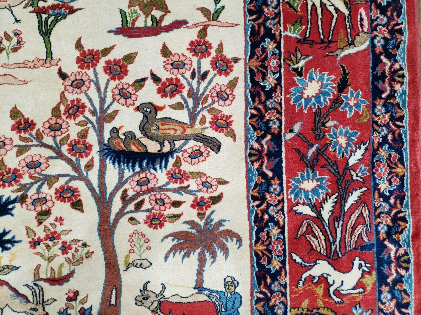 Antique Persian Isfahan Rug 5x7 Hand Knotted Wool Pictorial Tree Of Life