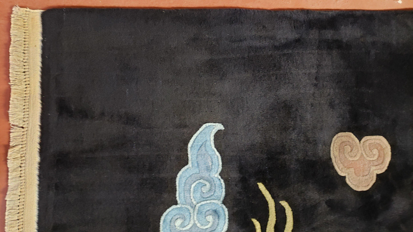 Antique Chinese Art Deco Rug 6x9 Hand Knotted Wool Dragon Black