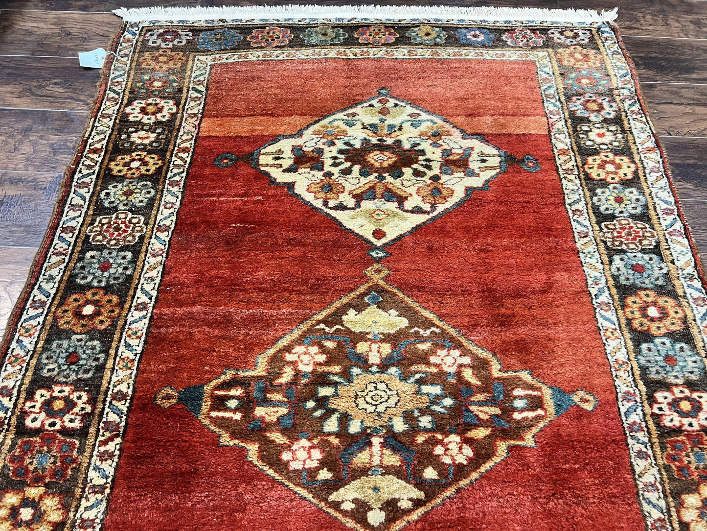Antique Persian Bidjar Rug 4x8 Hand Knotted Wool Carpet With Triple Medallions 1920s Red