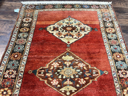 Antique Persian Bidjar Rug 4x8 Hand Knotted Wool Carpet With Triple Medallions 1920s Red