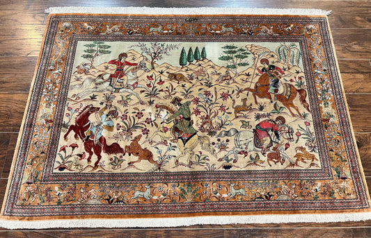 Silk Persian Qum Rug 3x5 Hunting Pattern Handmade Vintage Carpet Signed By Master Weaver