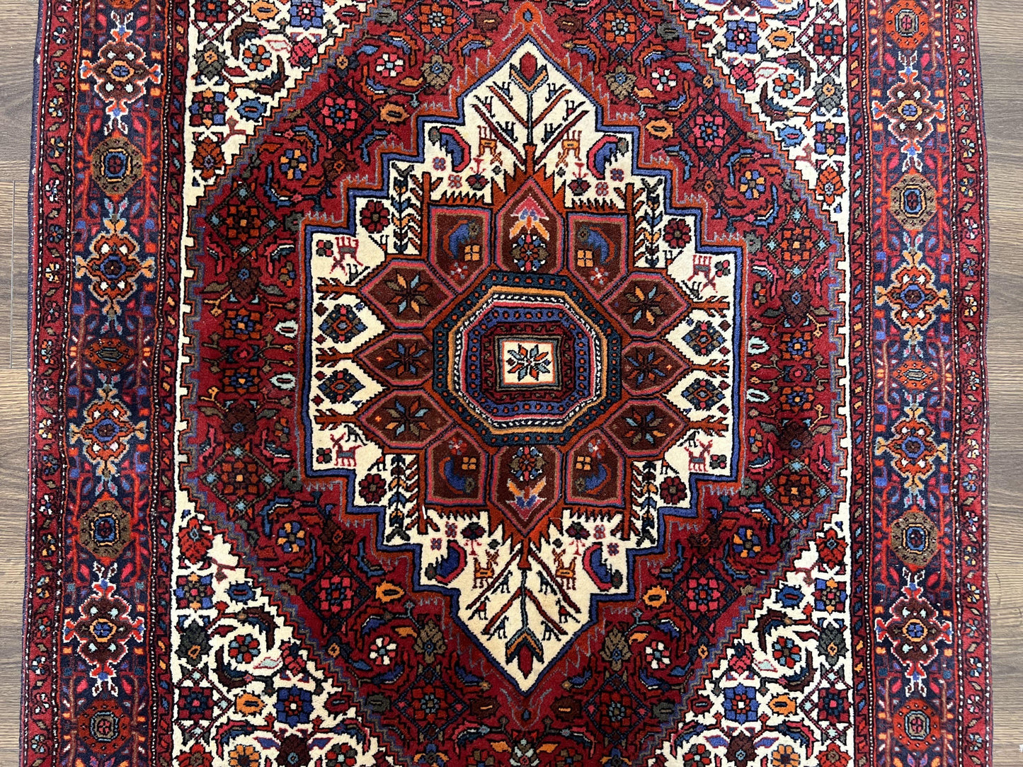 Fine Persian Bidjar Rug 3x5, Geometric Medallion Oriental Bijar Carpet 3 x 5 ft, Ruby Red and Cream, Hand Knotted Wool Rug, Semi Antique Tribal Rug, Nice