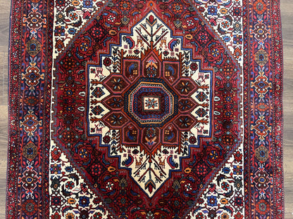 Fine Persian Bidjar Rug 3x5, Geometric Medallion Oriental Bijar Carpet 3 x 5 ft, Ruby Red and Cream, Hand Knotted Wool Rug, Semi Antique Tribal Rug, Nice