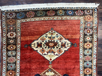 Antique Persian Bidjar Rug 4x8 Hand Knotted Wool Carpet With Triple Medallions 1920s Red