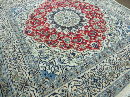 Square Persian Nain Rug 6ft 3in By 6ft 8in Hand Knotted Wool Silk Accents Ivory Red Blue