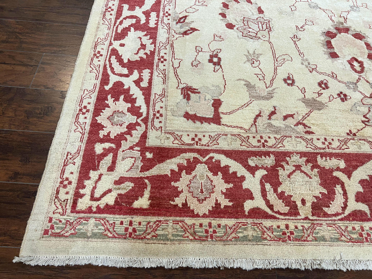 Peshawar Rug 8x12 Pakistani Carpet, Oriental Rug 8 x 12 Chobi Rug, Beige and Red, Allover Large Floral Design, Hand Knotted Vintage Wool