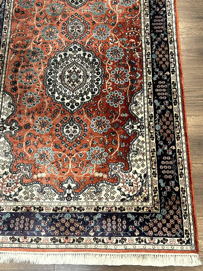 Turkish Silk Runner Rug 3x8, Short Runner Rug, Red, Floral Medallions, Very Fine 360 KPSI, 3 x 8 Runner