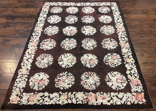 Floral Needlepoint Rug 5x7 Eggplant Wool Handmade Vintage Flatweave