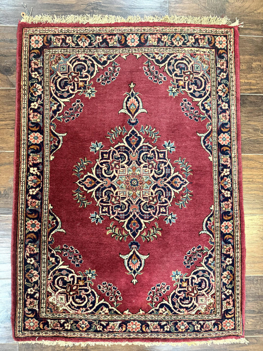 Persian Kashan Rug 2x3 Handmade Vintage Wool Semi Antique Red Navy Open Field