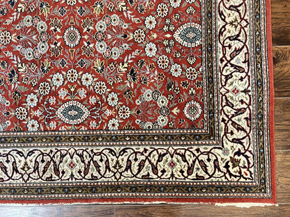 Red Persian Qum Rug 5 x 7.6, Hand Knotted Vintage Wool Fine Carpet 270 KPSI, Floral Allover