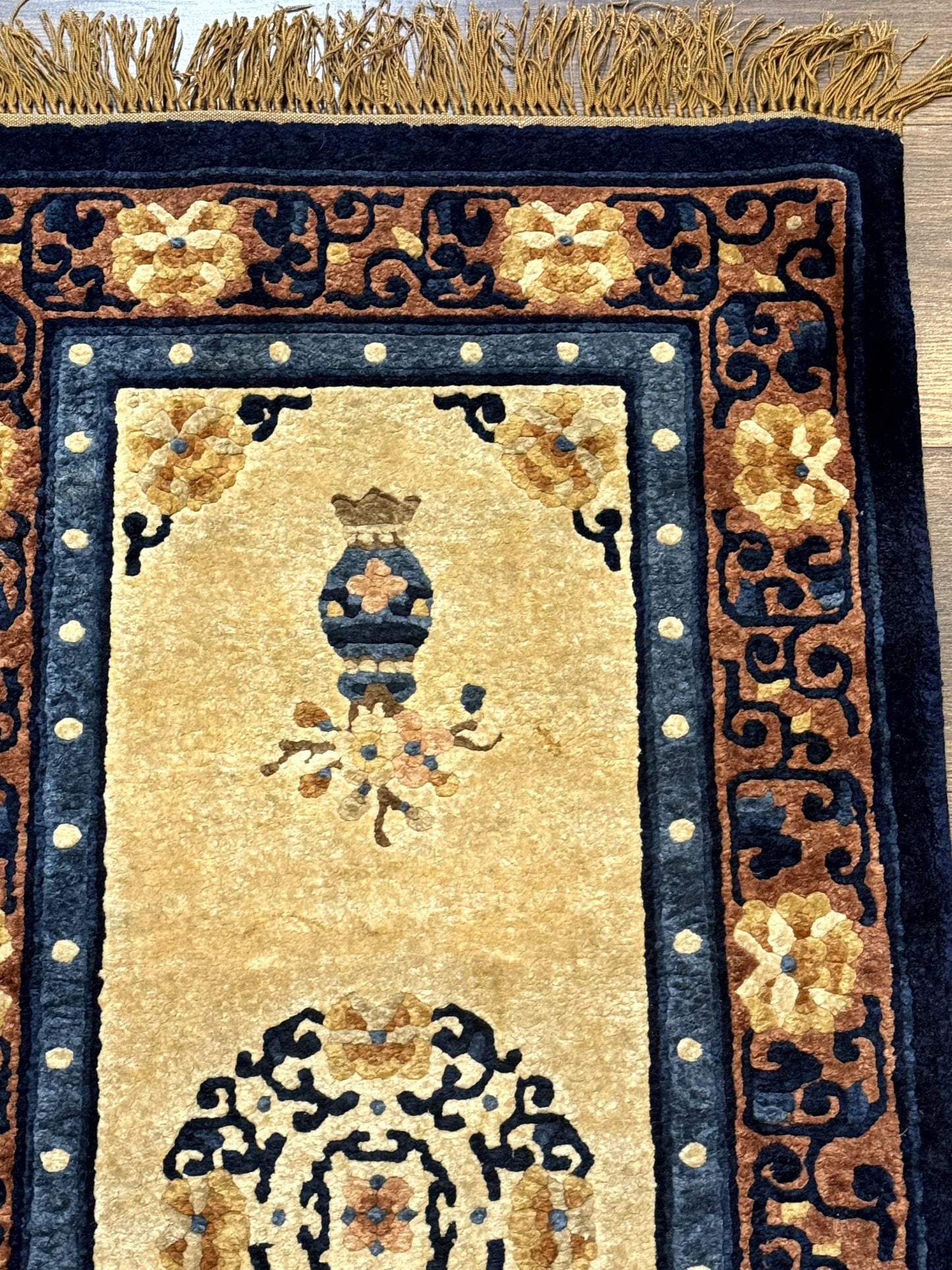 Silk Chinese Rug 2x4 Hand Knotted Peking Carpet In Golden Beige And Blue