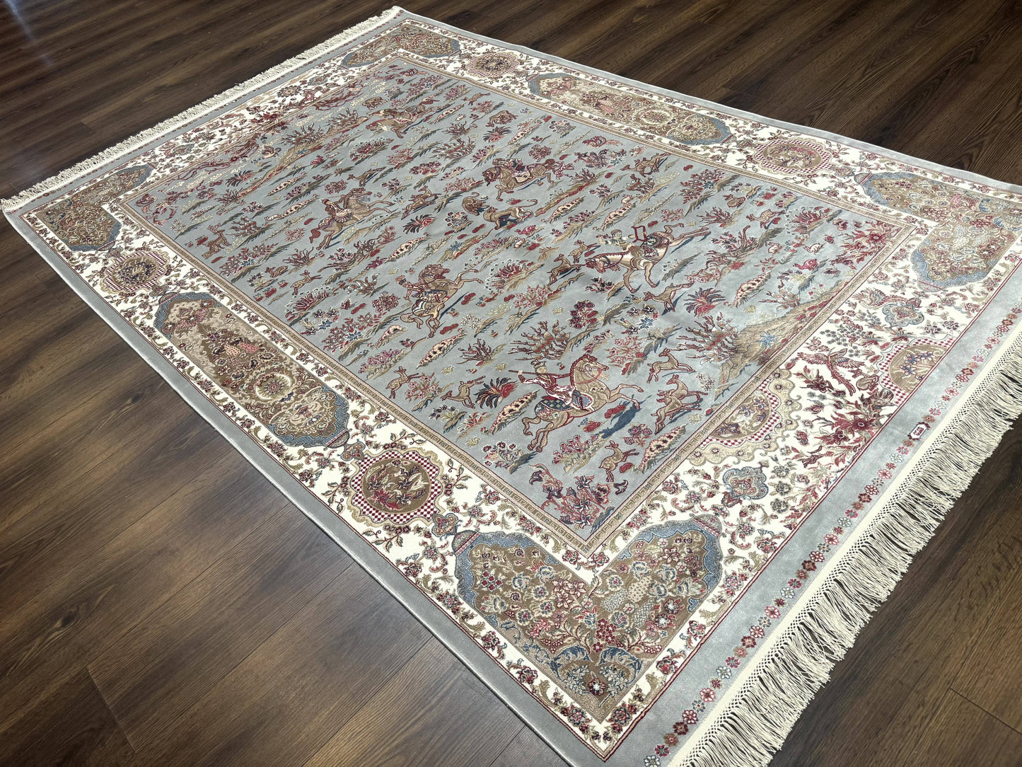 Turkish Silk Rug 5x7 Hunting Design Animal Pictorials Bamboo Silk