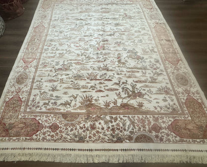 Turkish Silk Rug 8x10 Ivory Hunting Scene Bamboo Silk Contemporary