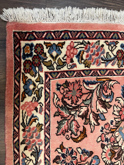 Persian Runner Rug 2.9 x 13.6, Semi Antique Vintage Persian Sarouk Hallway Rug, Wool Oriental Runner, Salmon and Cream, Floral Allover Hand Knotted