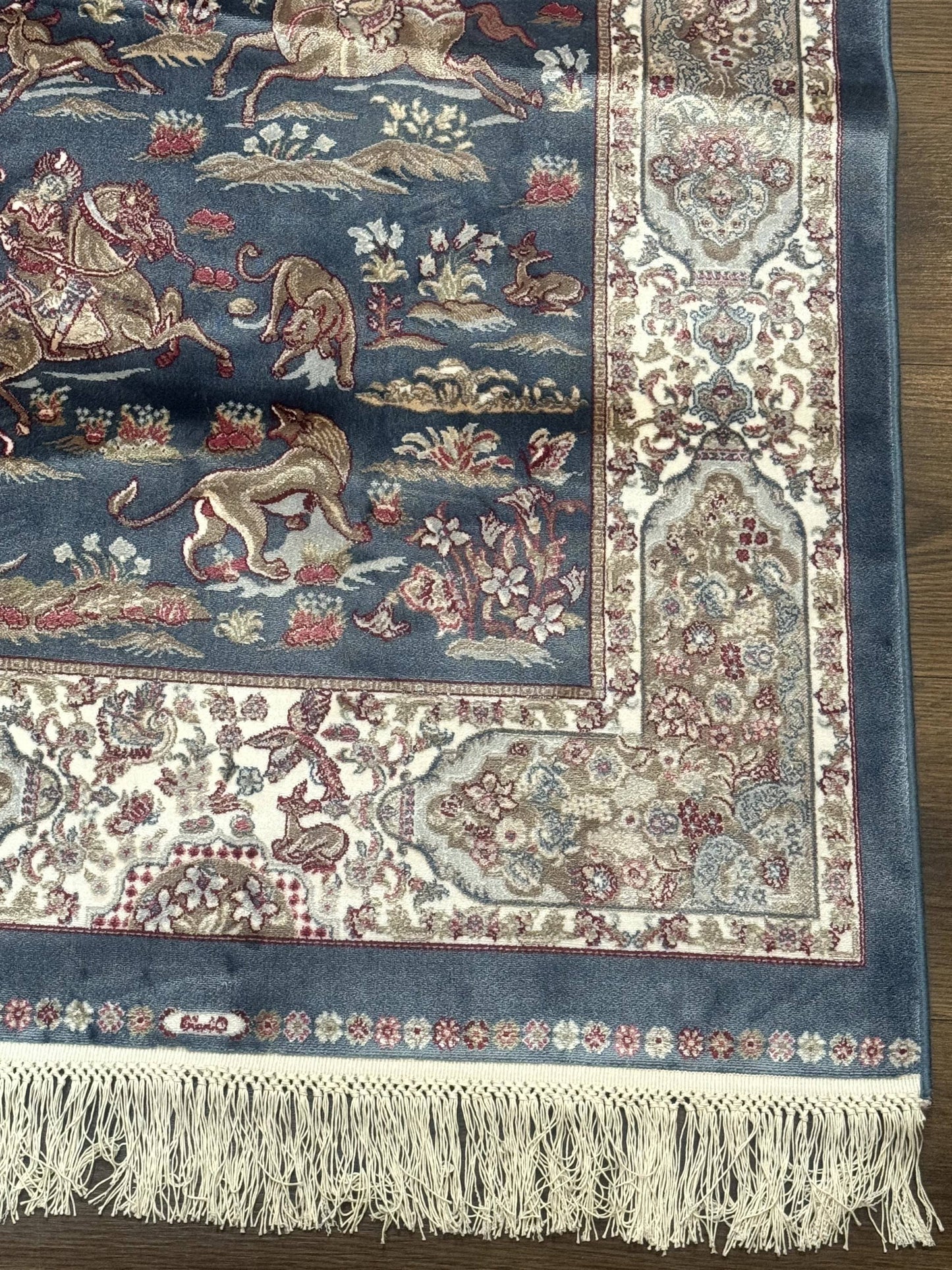 Turkish Silk Rug 2.6 x 6.7, Short Runner Rug, Blue & Ivory, Bamboo Silk, New