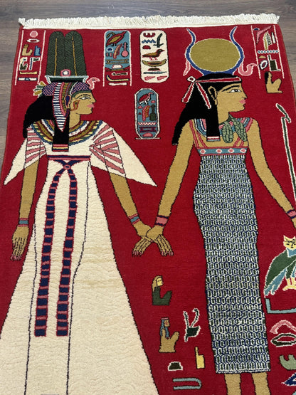 Egyptian Pictorial Rug 3x4, Hieroglyphic Pictorial Rug, Egyptian Prince and Princess, Cleopatra, Vintage Handmade, Red