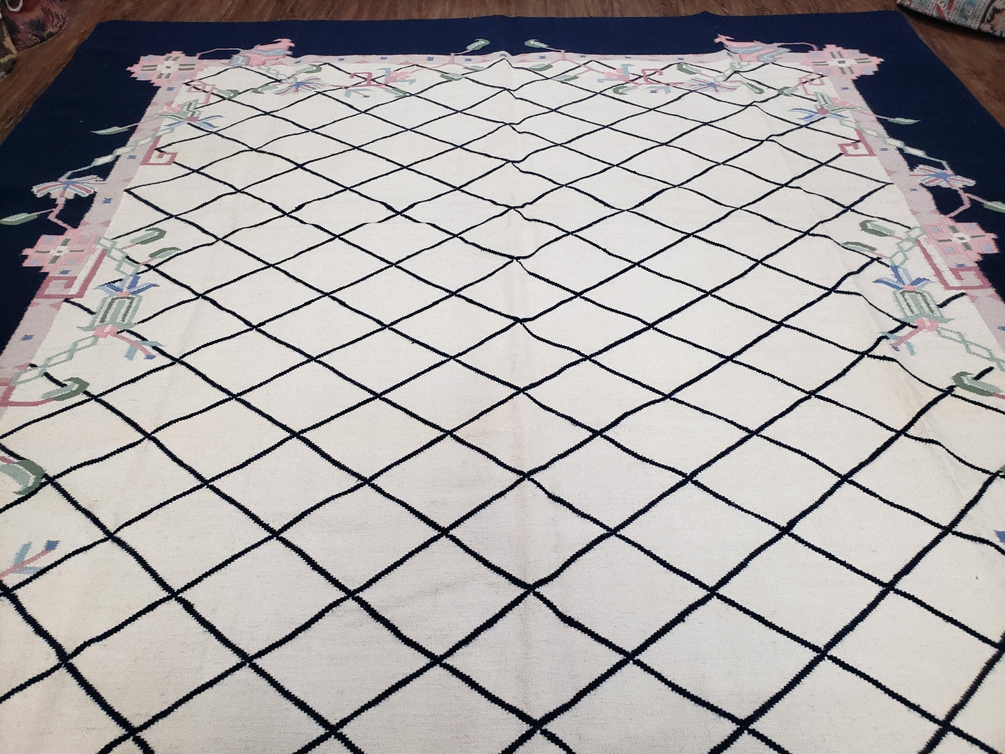 Vintage Dhurrie Rug, Indian Dhurrie 8x11 - 9x11, Wool Hand-Woven Ivory & Black Indo Carpet, Large Flat Weave Rug Living Room Rug Black White