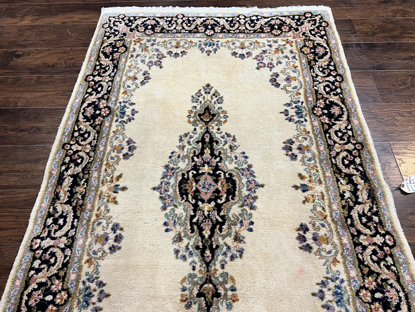 Persian Kirman Rug 4x7, Wool Hand Knotted Antique Carpet, Beige, Semi Open Field Medallion Rug, Traditional Handmade Oriental Rug