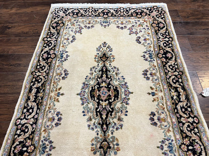 Persian Kirman Rug 4x7, Wool Hand Knotted Antique Carpet, Beige, Semi Open Field Medallion Rug, Traditional Handmade Oriental Rug