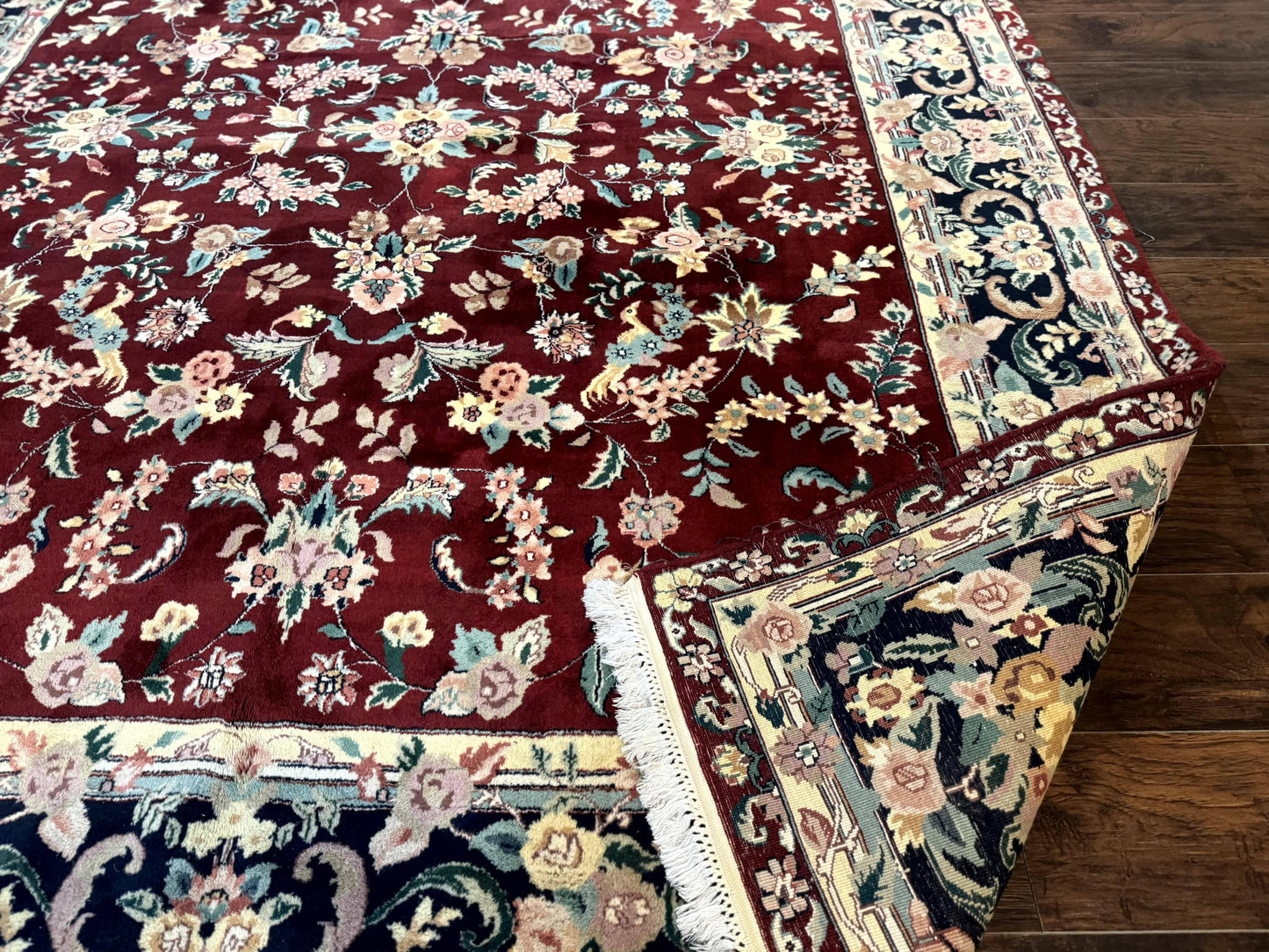 Indo Persian Rug 8x10 Handmade Wool With Floral Bird Pictorials In Maroon And Navy