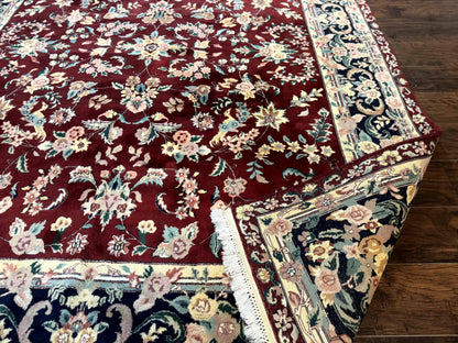 Indo Persian Rug 8x10 Handmade Wool With Floral Bird Pictorials In Maroon And Navy