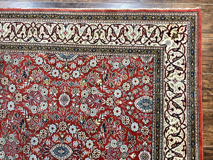 Red Persian Qum Rug 5 x 7.6, Hand Knotted Vintage Wool Fine Carpet 270 KPSI, Floral Allover