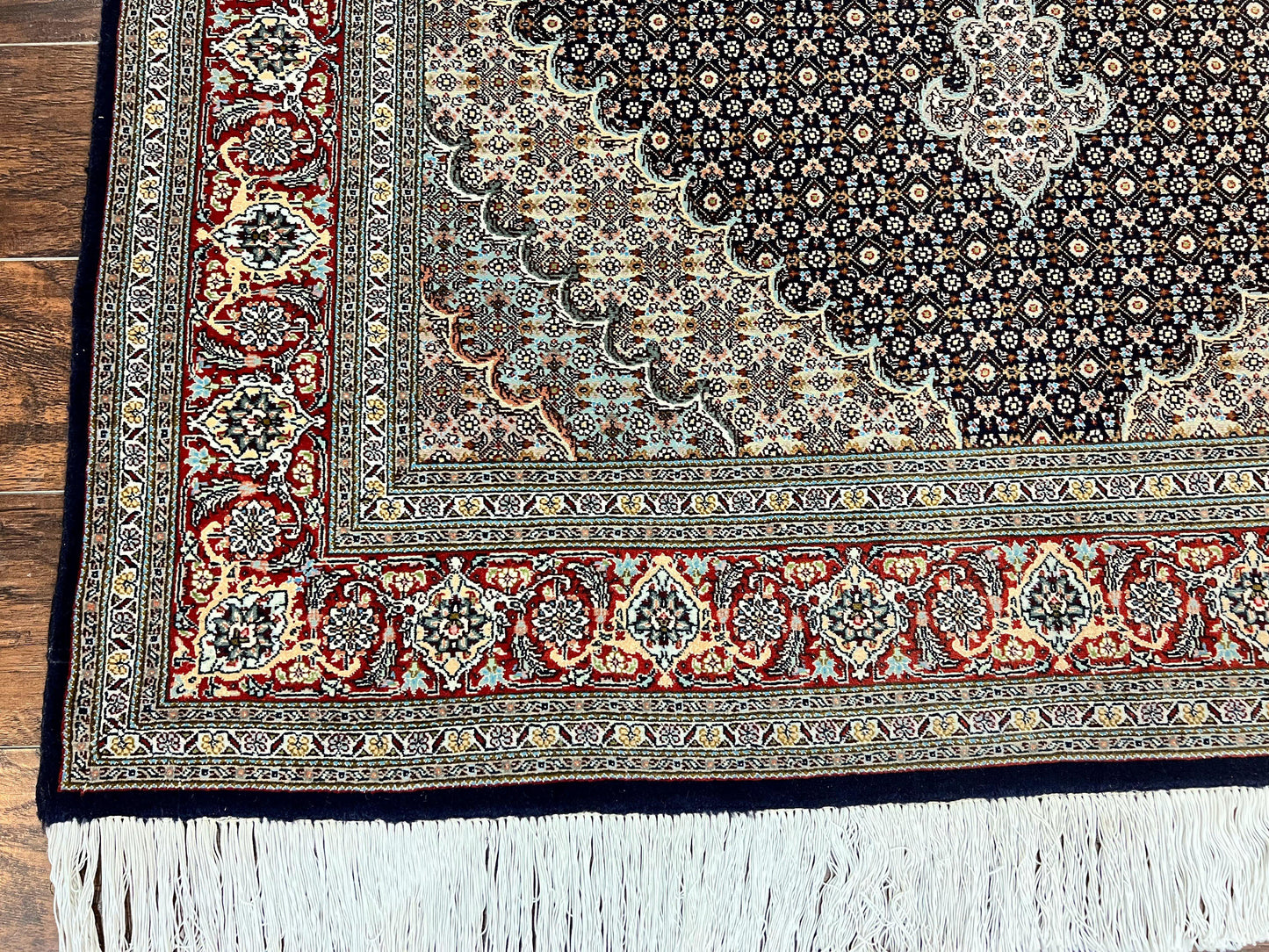 Persian Tabriz Rug 5x7, Wool with Silk Highlights, Hand Knotted Vintage Oriental Carpet, Very Fine, Herati Mahi Pattern, Black, Rare