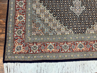Persian Tabriz Rug 5x7, Wool with Silk Highlights, Hand Knotted Vintage Oriental Carpet, Very Fine, Herati Mahi Pattern, Black, Rare