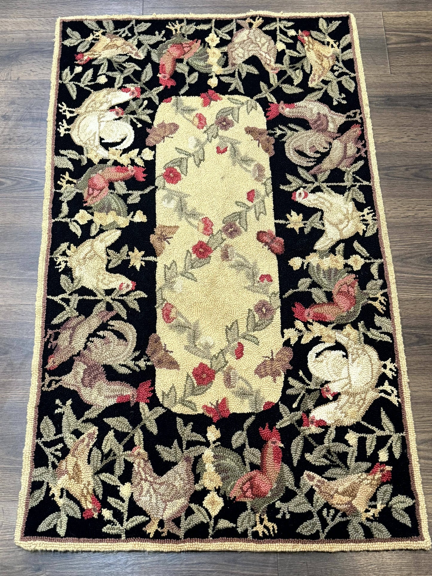 Small Vintage Hooked Rug Roosters Handmade Wool Area Rug Decor Accent