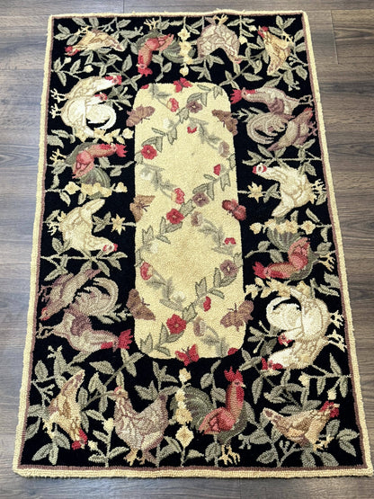 Small Vintage Hooked Rug Roosters Handmade Wool Area Rug Decor Accent