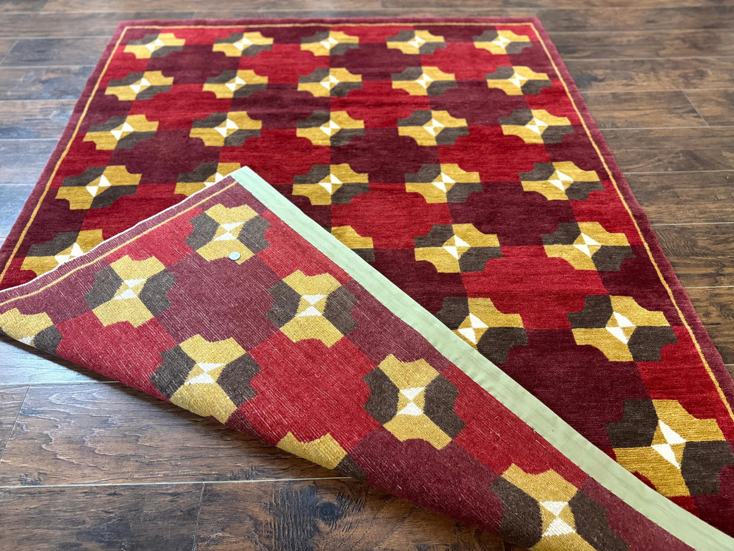 Modern Tibetan Rug 5 x 6.8, Wool, Red, Allover Pattern, Nepali Rug, Abstract Rug, Handmade Area Rug
