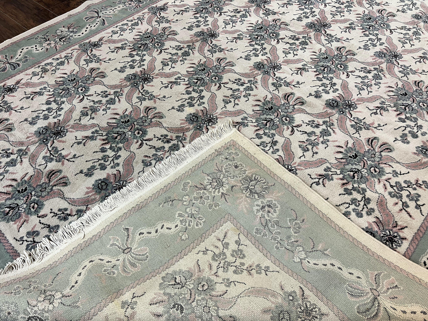 Power Loomed Wool Rug 8x11 Ivory Green Floral Belgium Crafted