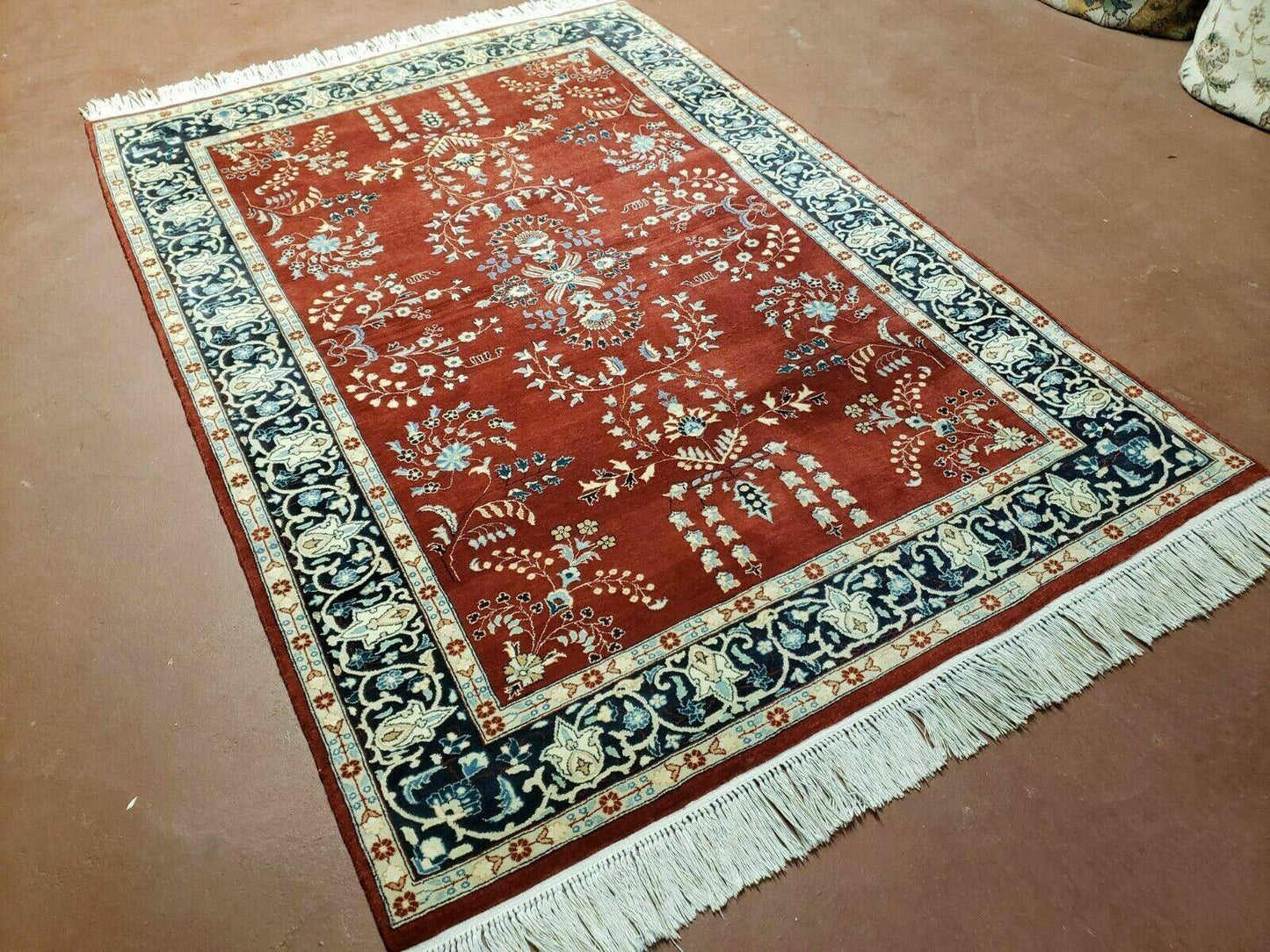 Pakistani Rug Hand Knotted Vintage 4x6 Red Highly Detailed Wool