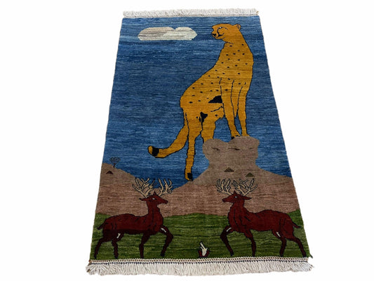 Handmade Wool Rug Lion Scene Vintage Blue 3x5 Hand Knotted