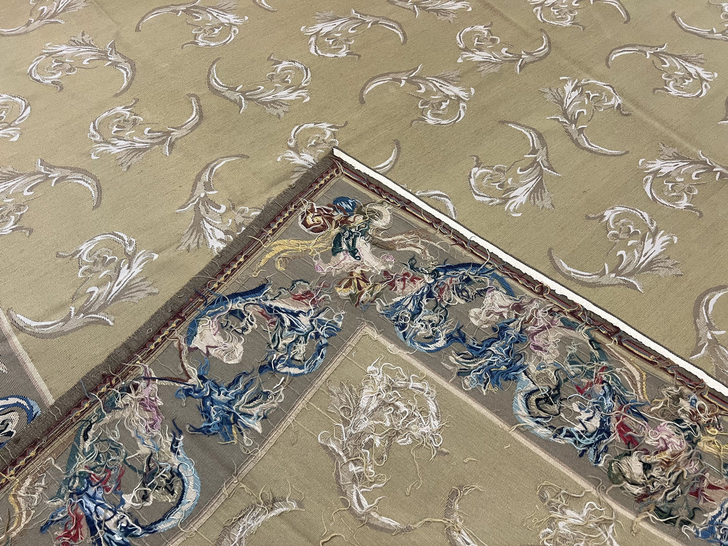 Vintage Aubusson Flatweave Area Rug 9x12, Aubusson Weave, Wool, Beige, Handmade, French European Design, 8'9" x 11'9"