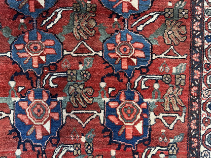 Antique Persian Bijar Rug 9x12 Allover Motif Red Blue Wool Handmade