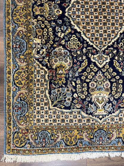 Fine Persian Qum Rug 3x5, Semi Antique Vintage Oriental Ghom Carpet, Floral Medallion, Highly Detailed, Hand Knotted, Navy Blue, Wool Area Rug, Birds