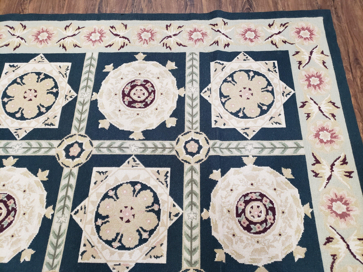 Vintage Chinese Needlepoint Rug 6x9 Handwoven Wool Panel Design Rug Black Ivory