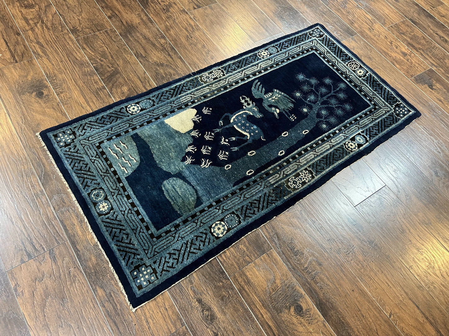 Antique Chinese Peking Rug 3x5 Handmade Wool Oriental Carpet With Deer And Birds