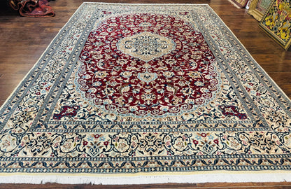Persian Nain Rug 8x11 Wool Silk Highlights Burgundy Ivory Floral Medallion