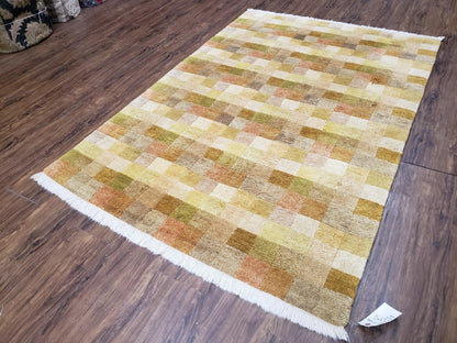 Tibetan Rug 4x6 Modern Abstract Handmade Area Rug With Checkerboard Pattern Ivory Gold Tan