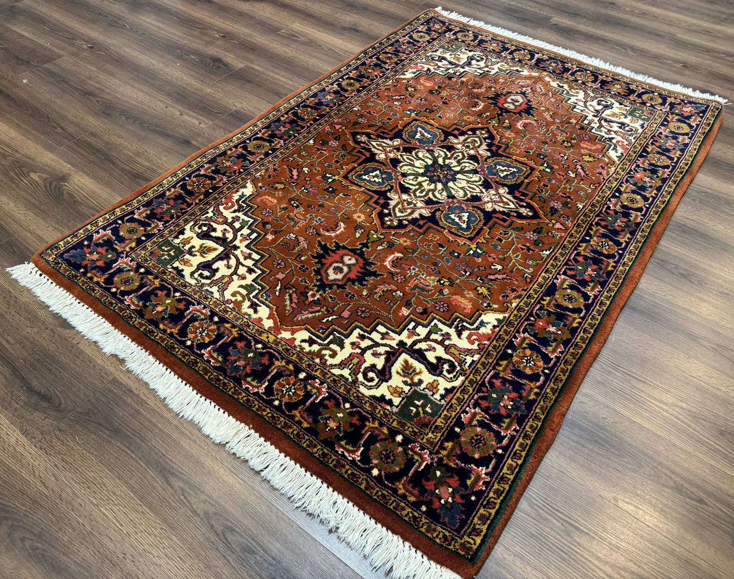 Indo Persian Heriz Rug 4x6 Handmade Wool Vintage Rust Red Navy Cream